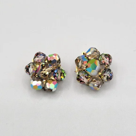 Colorful AB Aurora Borealis Beaded Small Clip On Earrings Gold Tone Vtg - Picture 3 of 6